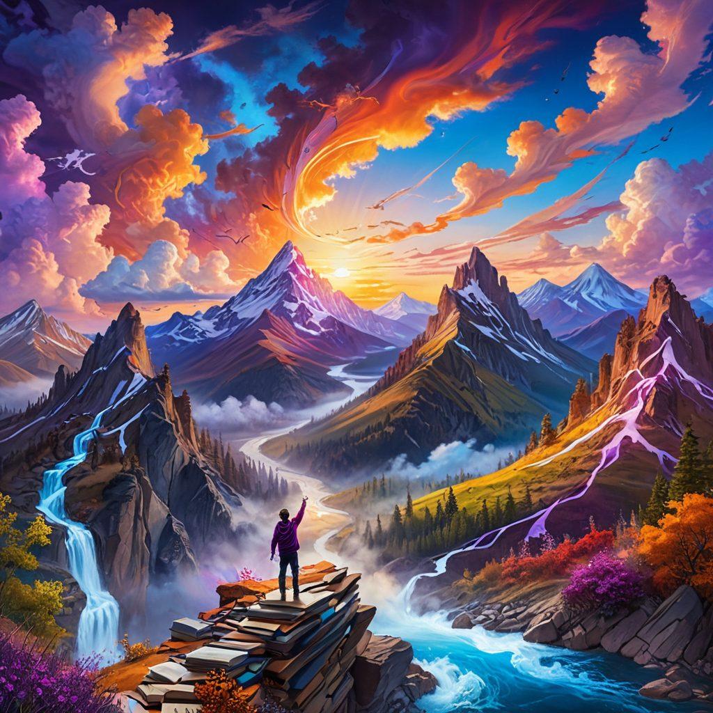 A whimsical landscape featuring a person standing on a mountain peak, surrounded by colorful swirls of imagination illustrated as swirling clouds and light. Below, a winding river flows with floating stories like books and quills. The sky is painted in vibrant sunset hues, symbolizing passion and adventure. Include elements like small flying creatures that represent creativity. super-realistic. vibrant colors. 3D.